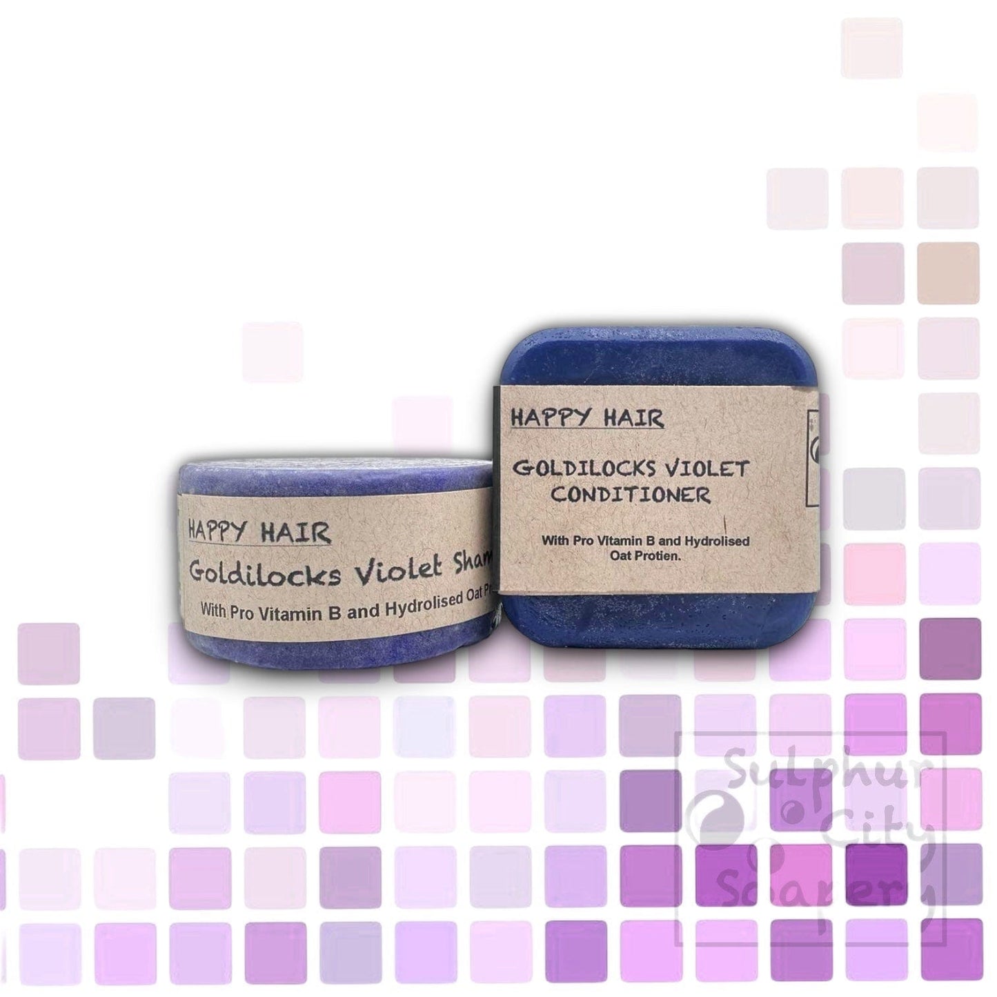 Sulphur City Soapery solid conditioner bar Goldilocks, Violet Conditioner bar.