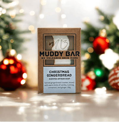 Muddy Bar soap Christmas Gingerbread, with volcanic clay.
