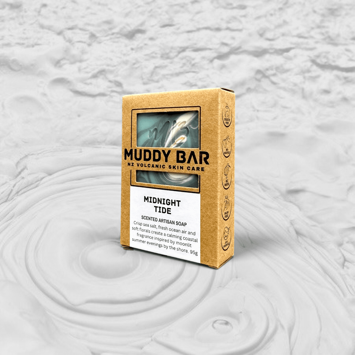 Muddy Bar soap MIDNIGHT TIDE SOAP, with volcanic clay.