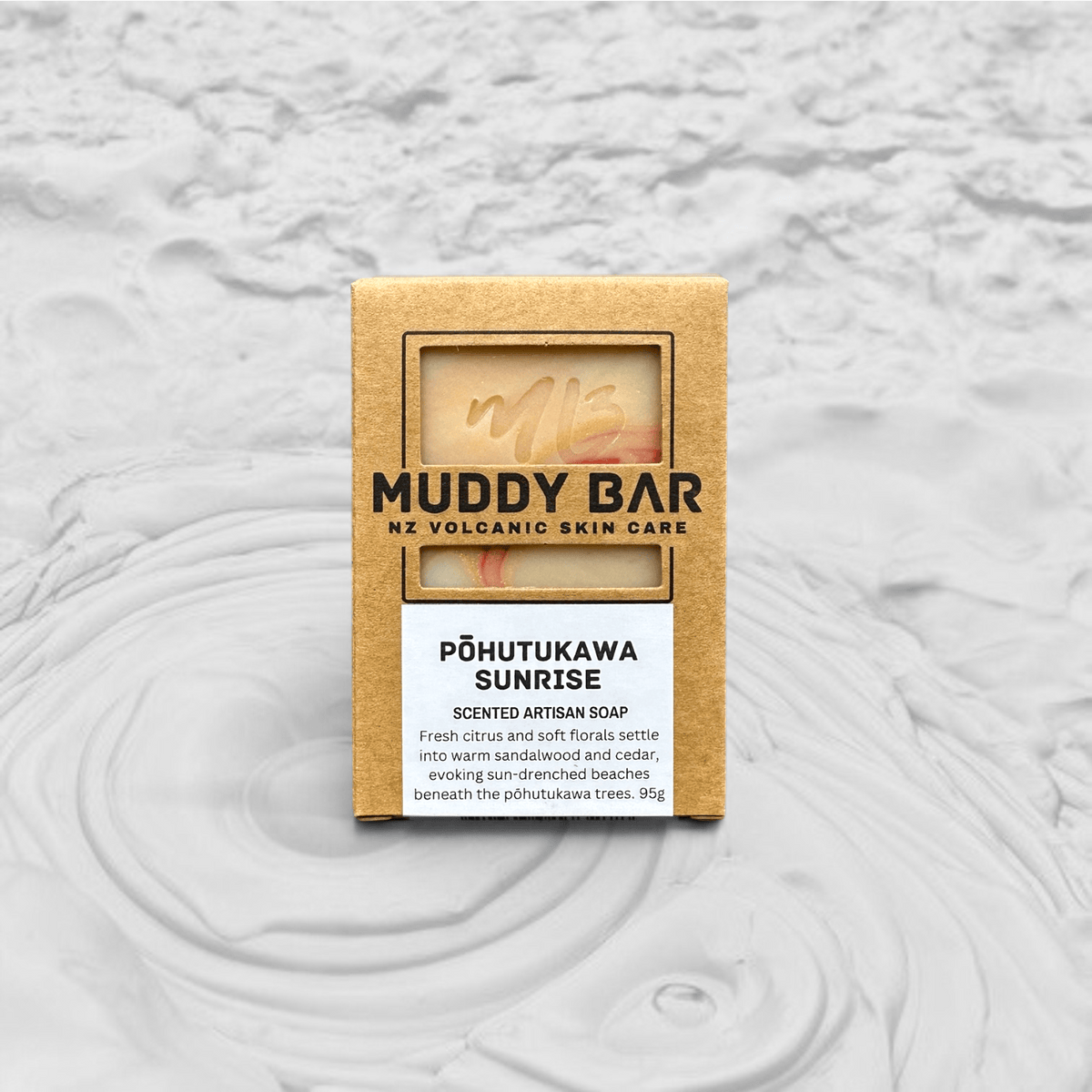 Muddy Bar soap PŌHUTUKAWA SUNRISE SOAP, with volcanic clay.