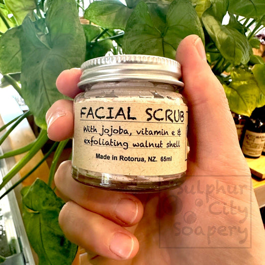 Sulphur City Soapery facial scrub Facial scrub with jojoba, vitamin e and exfoliating ground walnut shell.