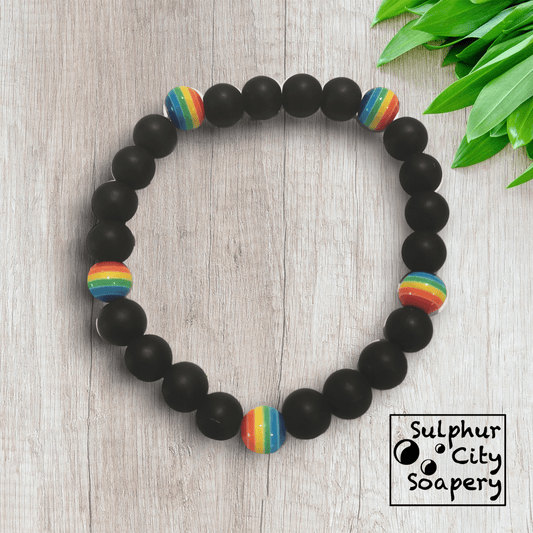 Sulphur City Soapery pride bracelet Black stone and rainbow bead bracelet - Pride