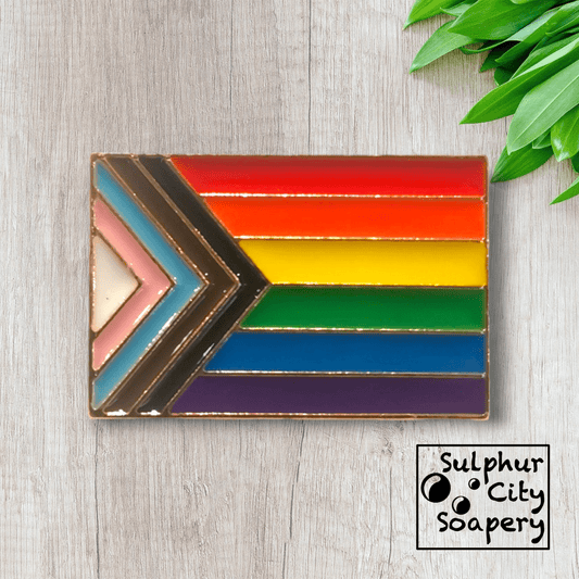 Sulphur City Soapery pronoun pin Pride Flag Pin