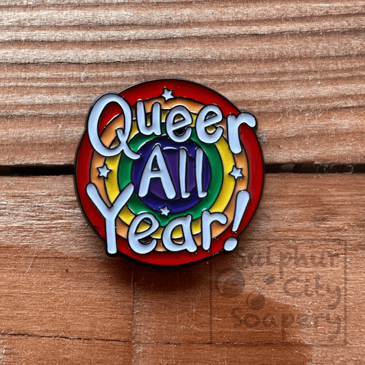 Sulphur City Soapery pronoun pin Queer all Year - Pride Pin.