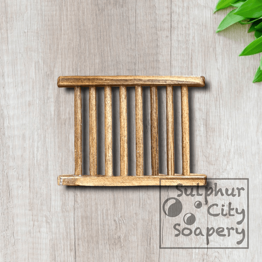 Sulphur City Soapery Wooden soap rack (dark colour).